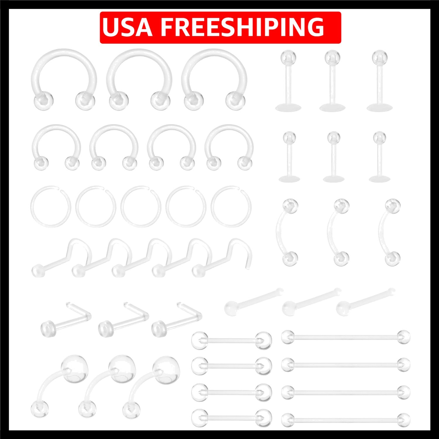 48pcs Clear Piercing Retainers Kit: Acrylic Septum Retainer, Nose clear