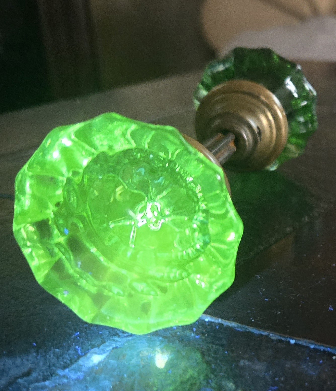 Vintage Green Uranium Glass Pair Door Knobs 2" Across Estate Find