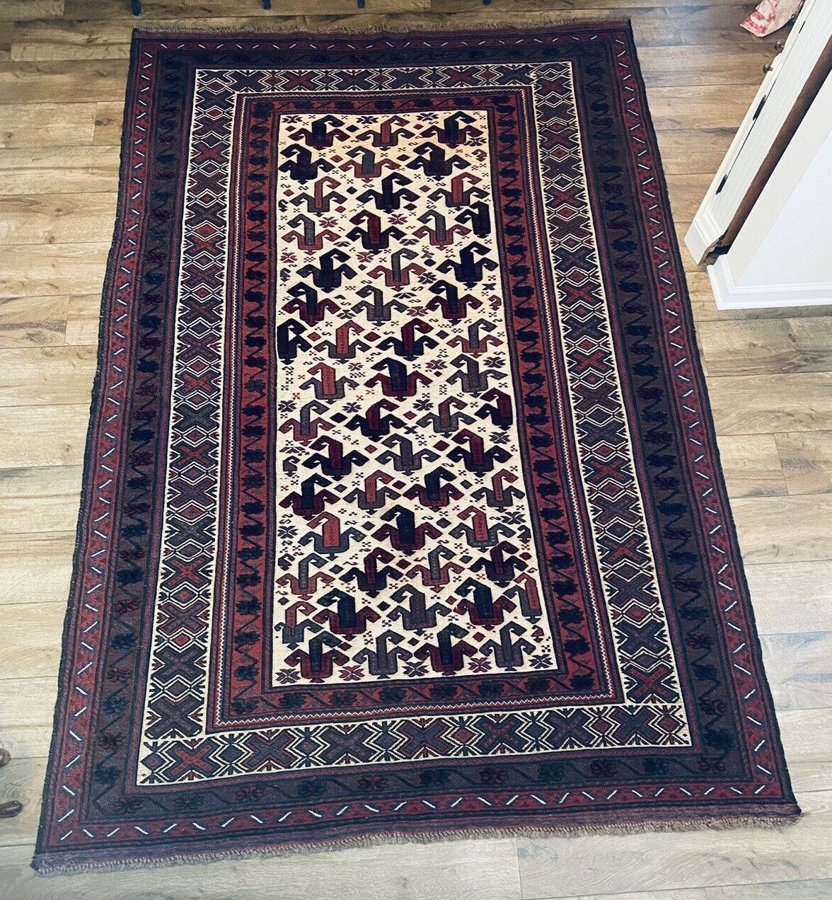 6x9 Kilim Rug Flatweave Raised Geometric & Agricultural Designs White Ground