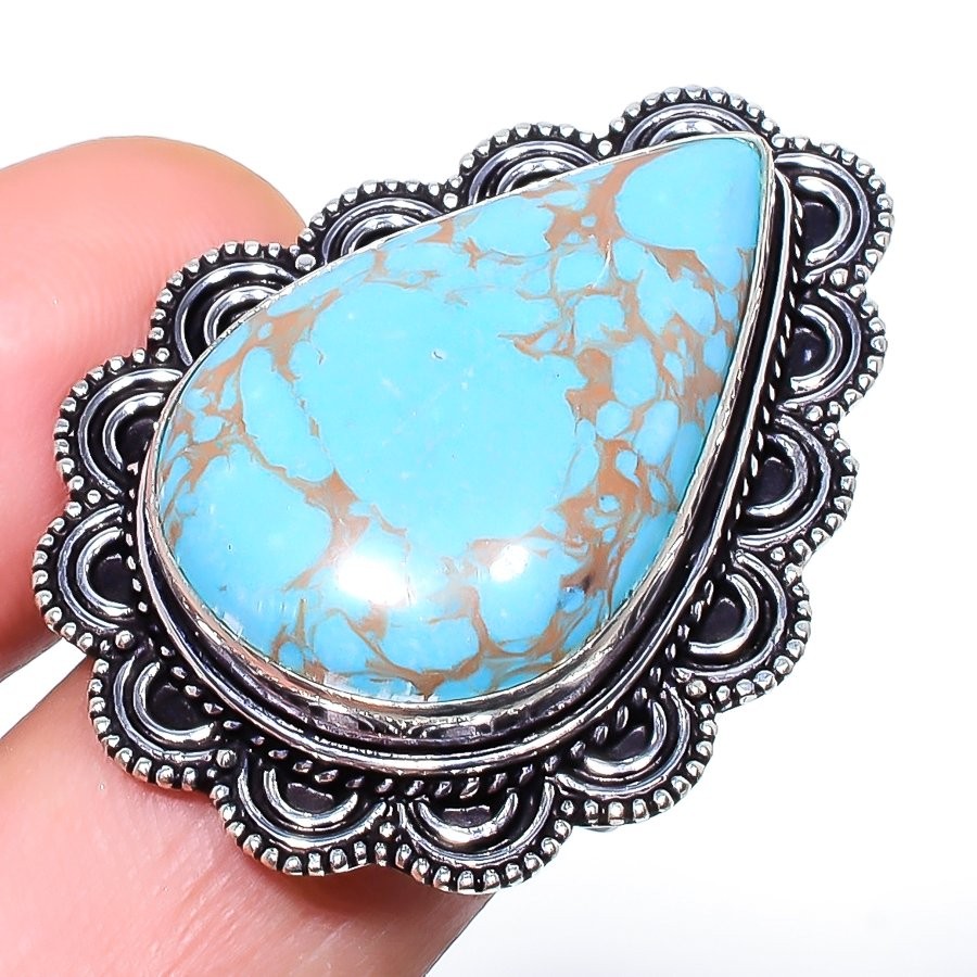 Copper Blue Turquoise Gemstone 925 Sterling Silver Ring Size 7 A901