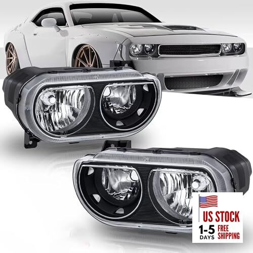  Headlight Assembly Compatible for 2008-2014 Dodge Challenger Clear+Black+Clear