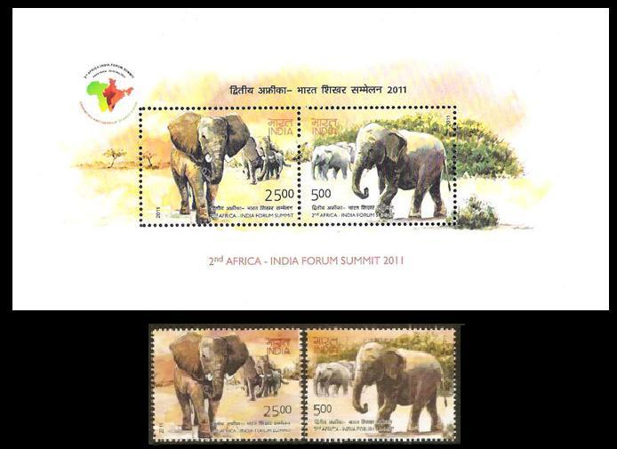India 2011 MNH SS + 2V,  Wild Animals, India & Africa Elephants 