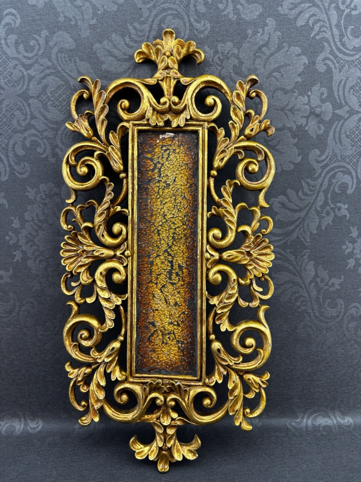 Vintage 24” Baroque Rococo Gold Wall Applique Ornate Glass Scroll Leaf Plaster