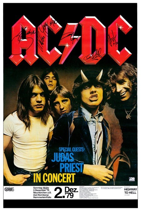 AC/DC 1979 Judas Priest Concert Poster Signed In Concert 12x8in Metal Sign