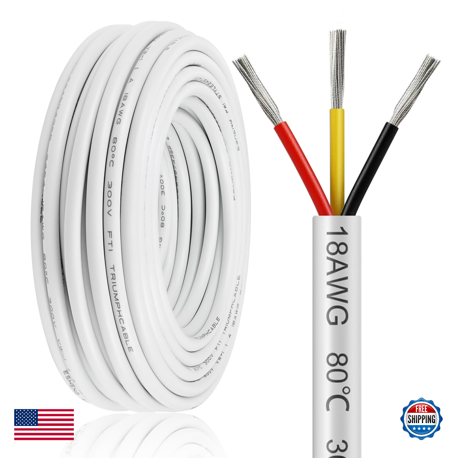 100FT 18AWG 3-Conductor Electrical Wire, Oxygen-Free Stranded Copper, 300V