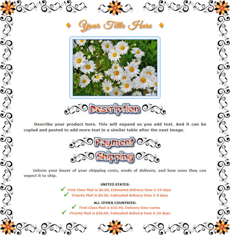 AUCTION TEMPLATE Orange Daisies With Flourish Border Design  FREE Email Shipping