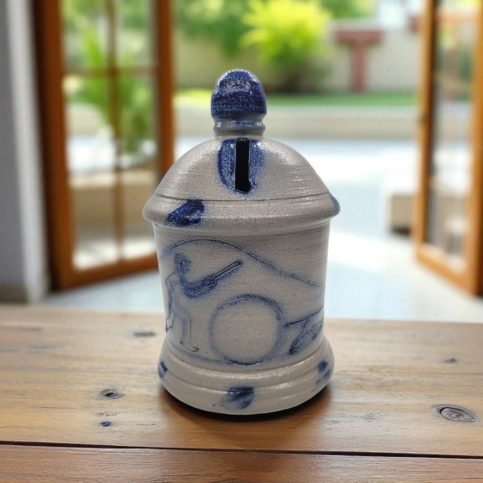 Rowe Pottery Works Salt Glaze Bank Boy Dog Hoop 1990 Cambridge WI Stoneware