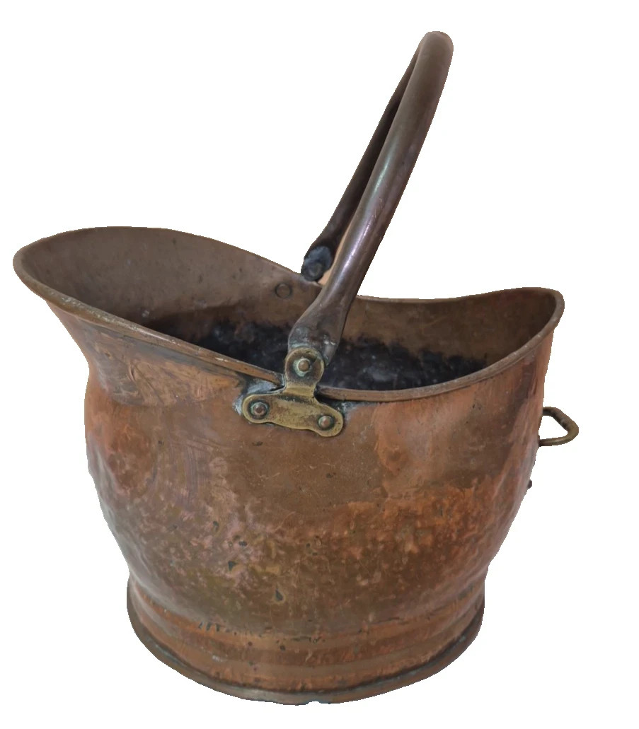 Vintage Helmet shaped copper coal scuttle Bucket with swing handle