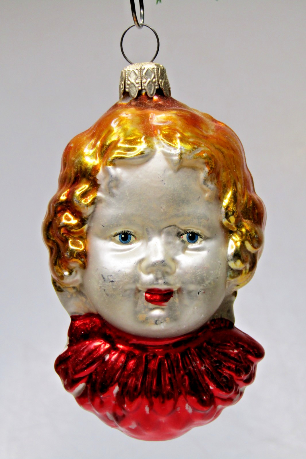 Vintage Glass Embossed GIRL HEAD Golden Hair Christmas Ornament W Germany