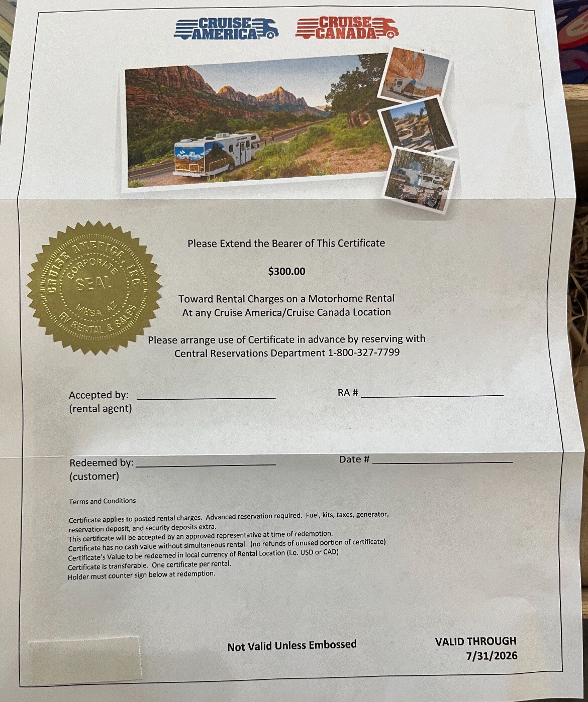 Cruise America RV Rental & RV Canada $300 GIFT CERTIFICATE.