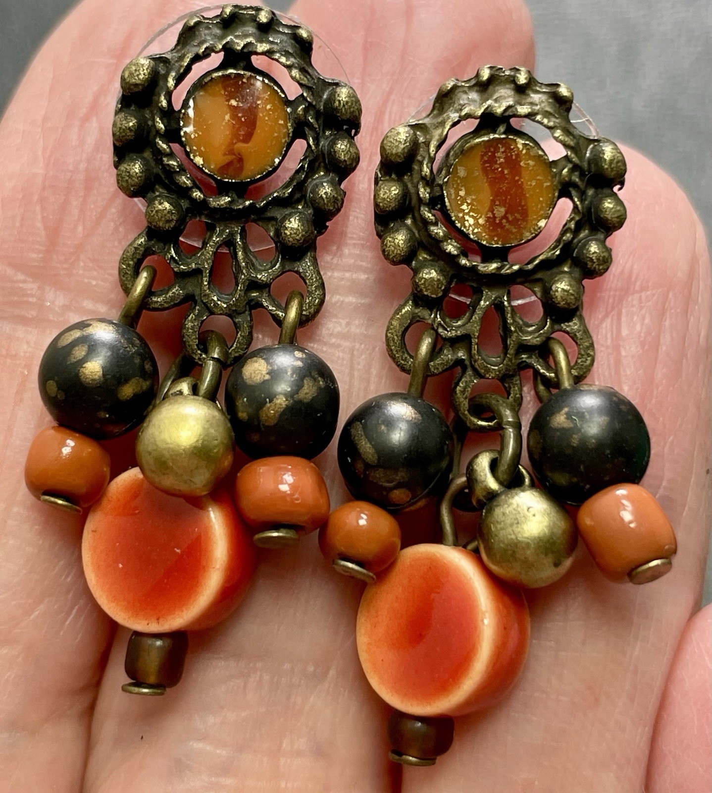 Vintage Bohemian 1.2” Orange Ceramic & Wood Beaded Bronze Colored Dangle Earring