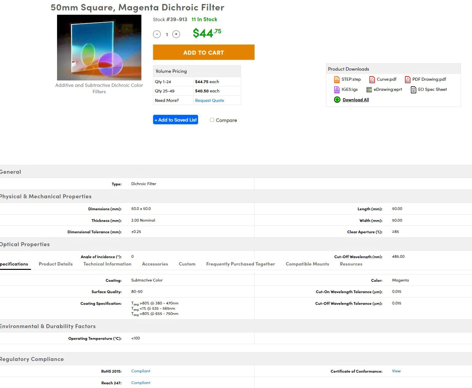 Edmud Optics 39913 50mm Square, Magenta Dichroic Filter new old stock