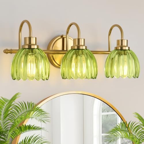Bathroom Light Fixtures (3-Light, 20 Inch), Brushed Tulip Green+Brushed Gold