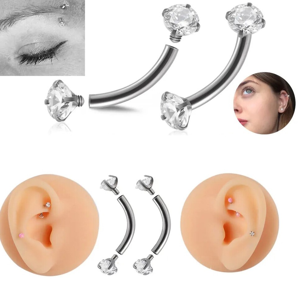 2/4/8X 16G Steel Internal Thread Zircon Curved Barbell Eyebrow Ring Ear Piercing