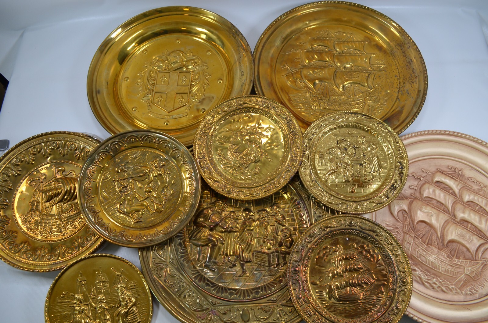 Lot of 13 Vintage England Embossed Brass Plate Wall Hanging Decor
