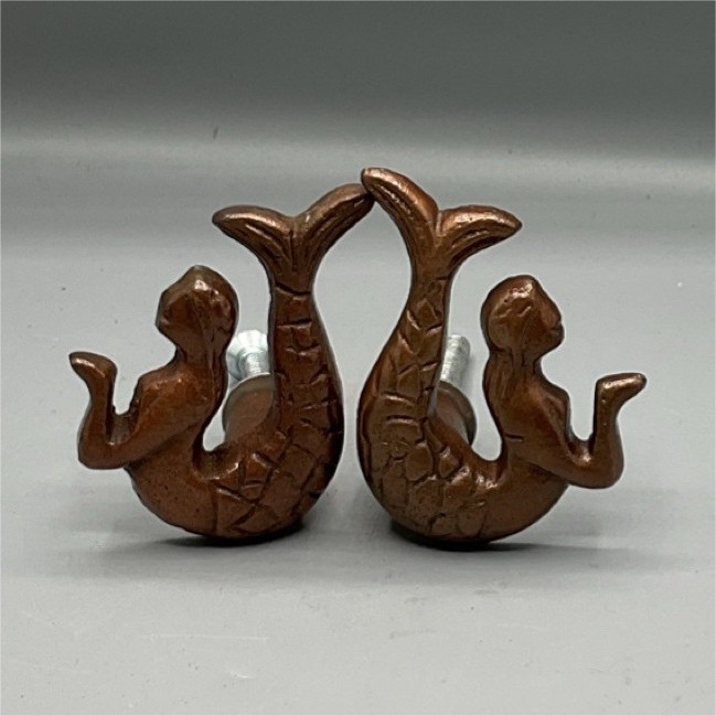 Mermaid Shaped Brown Metal Cabinet Knobs Polished Finish Novelty Set of 2