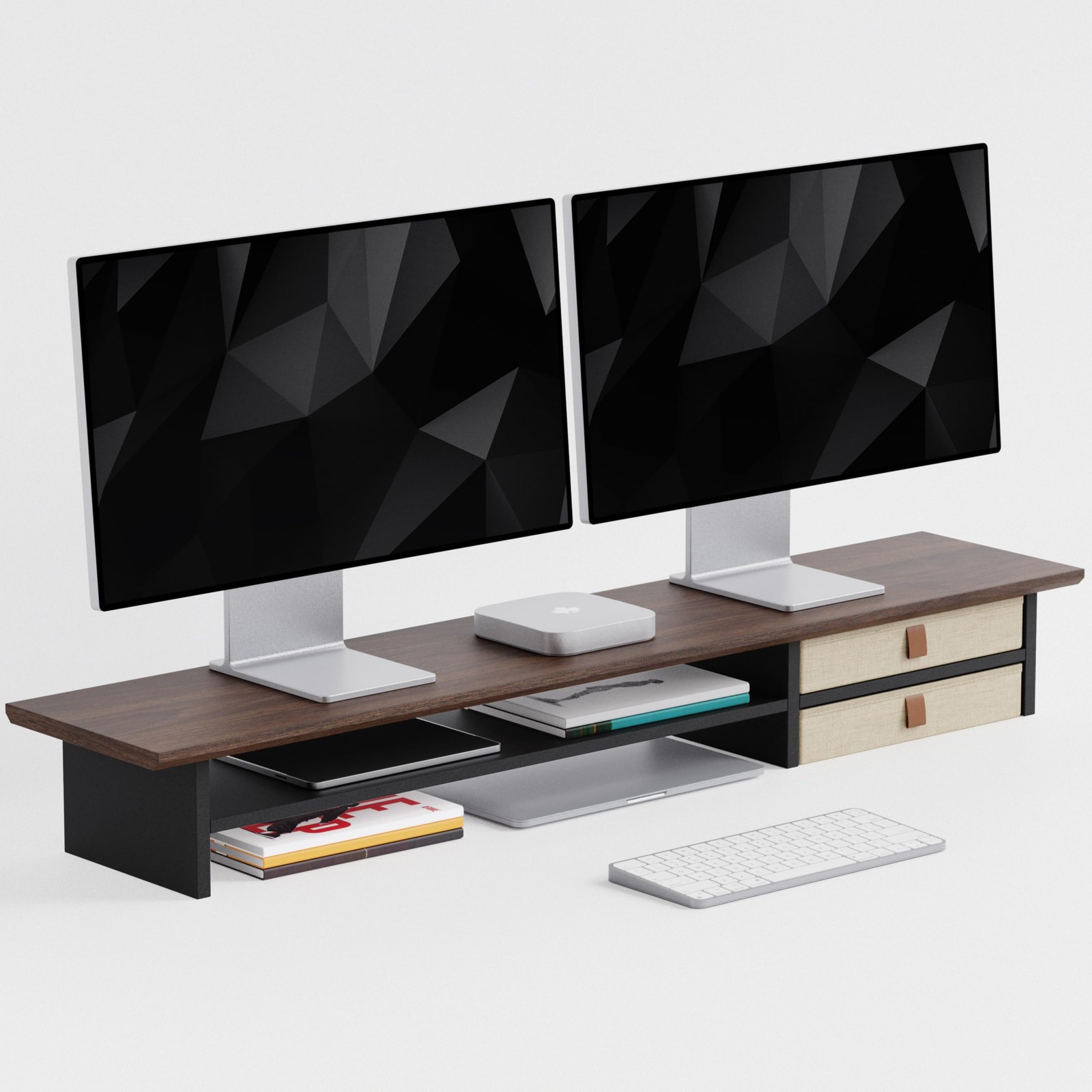 Dual‑Tier Monitor Stand Riser with Drawers, Desktop Organizer Shelf Storage f...