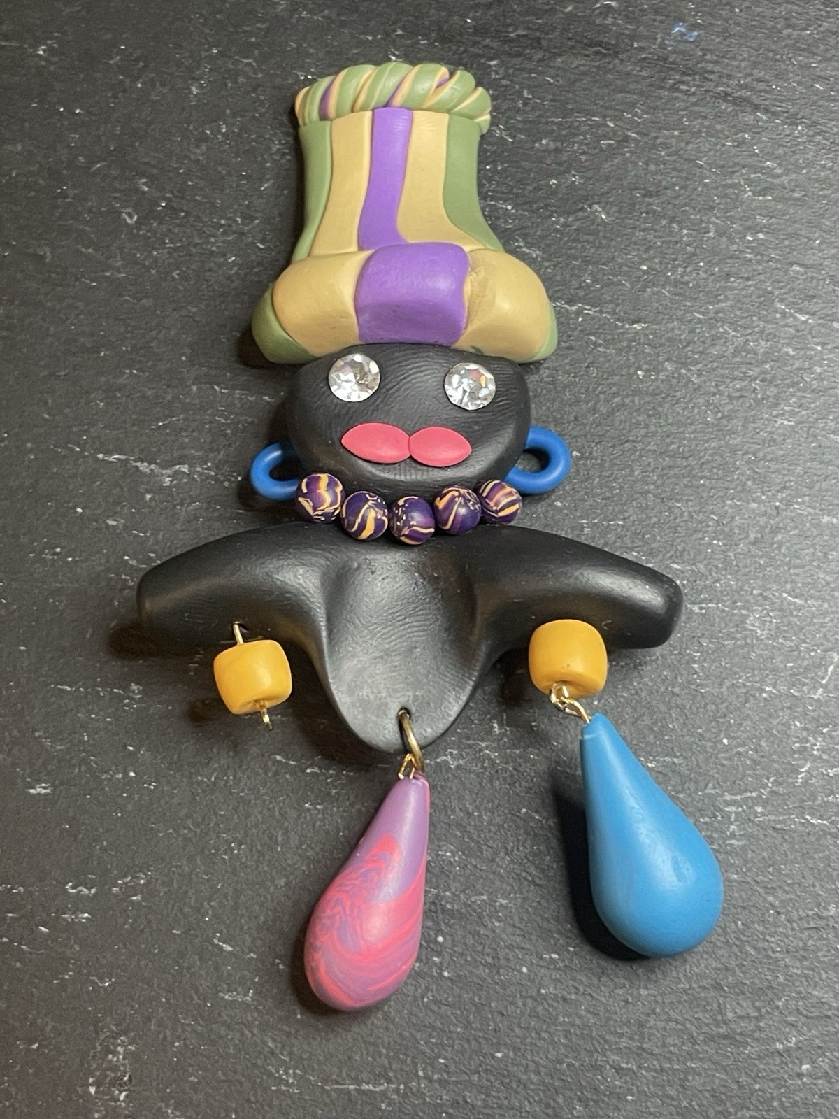 Signed TWL Polymer Clay Jester Brooch Vintage Artisan Figural Pin