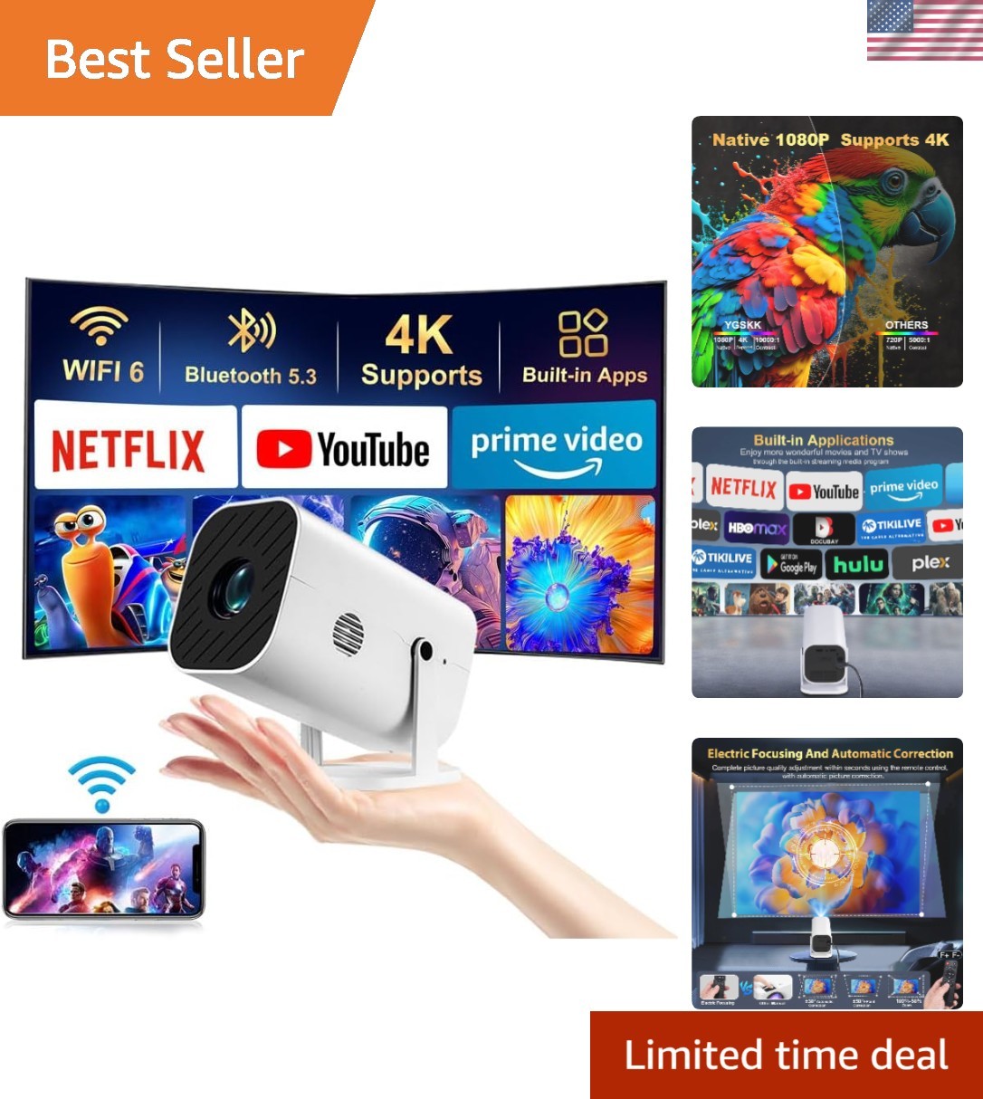 Portable 1080P Movie Projector with WiFi & Bluetooth - Large Screen Up to 200”,
