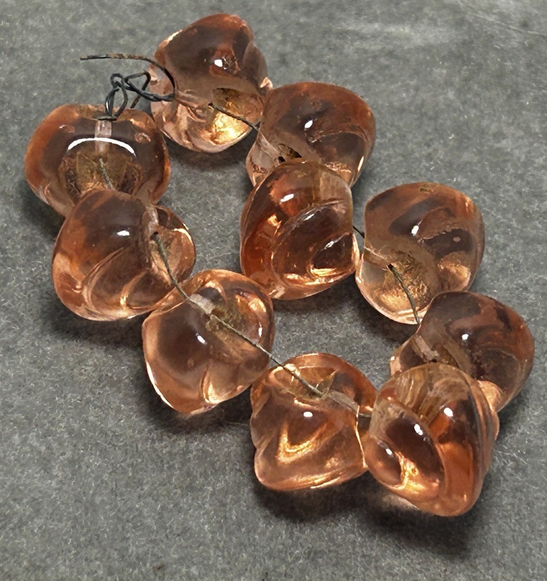 Lot 10 1920’s Art Deco Czech Molded Pinched Rosaline Pink Glass Buttons/ Beads