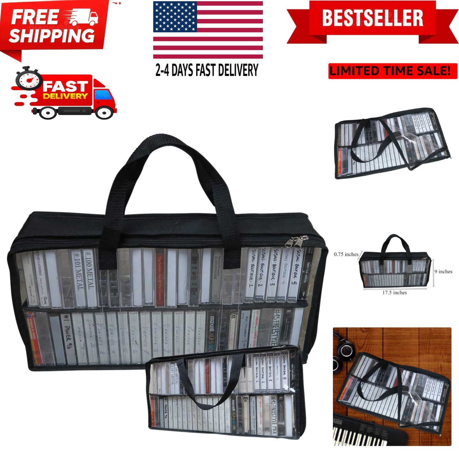 Cassette Tape Bag -See Thru Organizer Storage with Handles - Easy Carrying Ca...