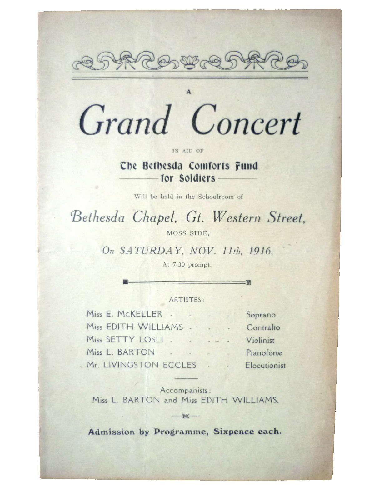 1916 GRAND CONCERT by E McKeller, E Williams, Setty Losli, L Barton & L Eccles