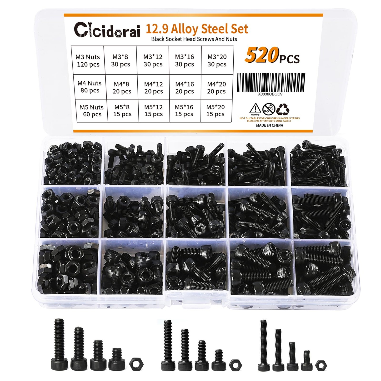 520Pcs M3 M4 M5 12.9 Grade Alloy Steel,Hex Socket Head Cap Screws Bolts, and ...