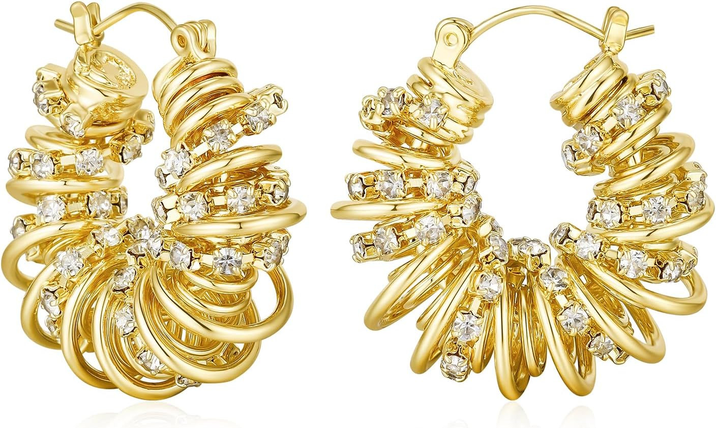 Chunky Gold Hoop Earrings Statement Earrings for Women Sparkly Rhinestone CZ Thi