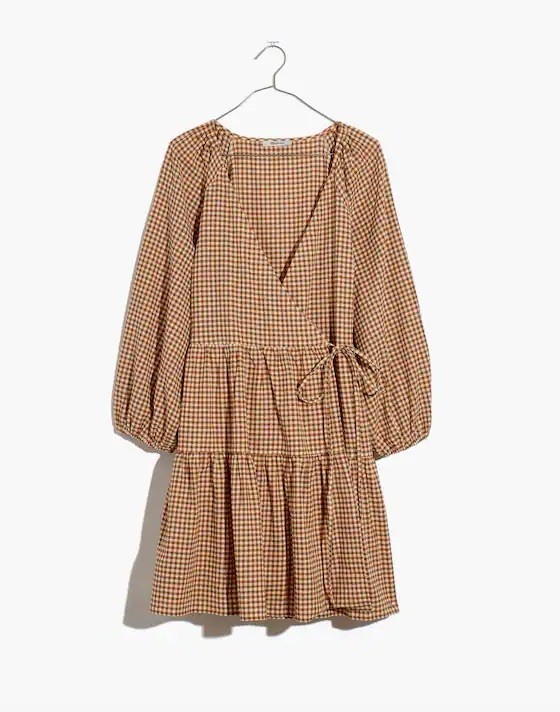 Madewell Women's XS Cottagecore Gingham 3/4 Puff Sleeve Wrap Dress Golden Pecan