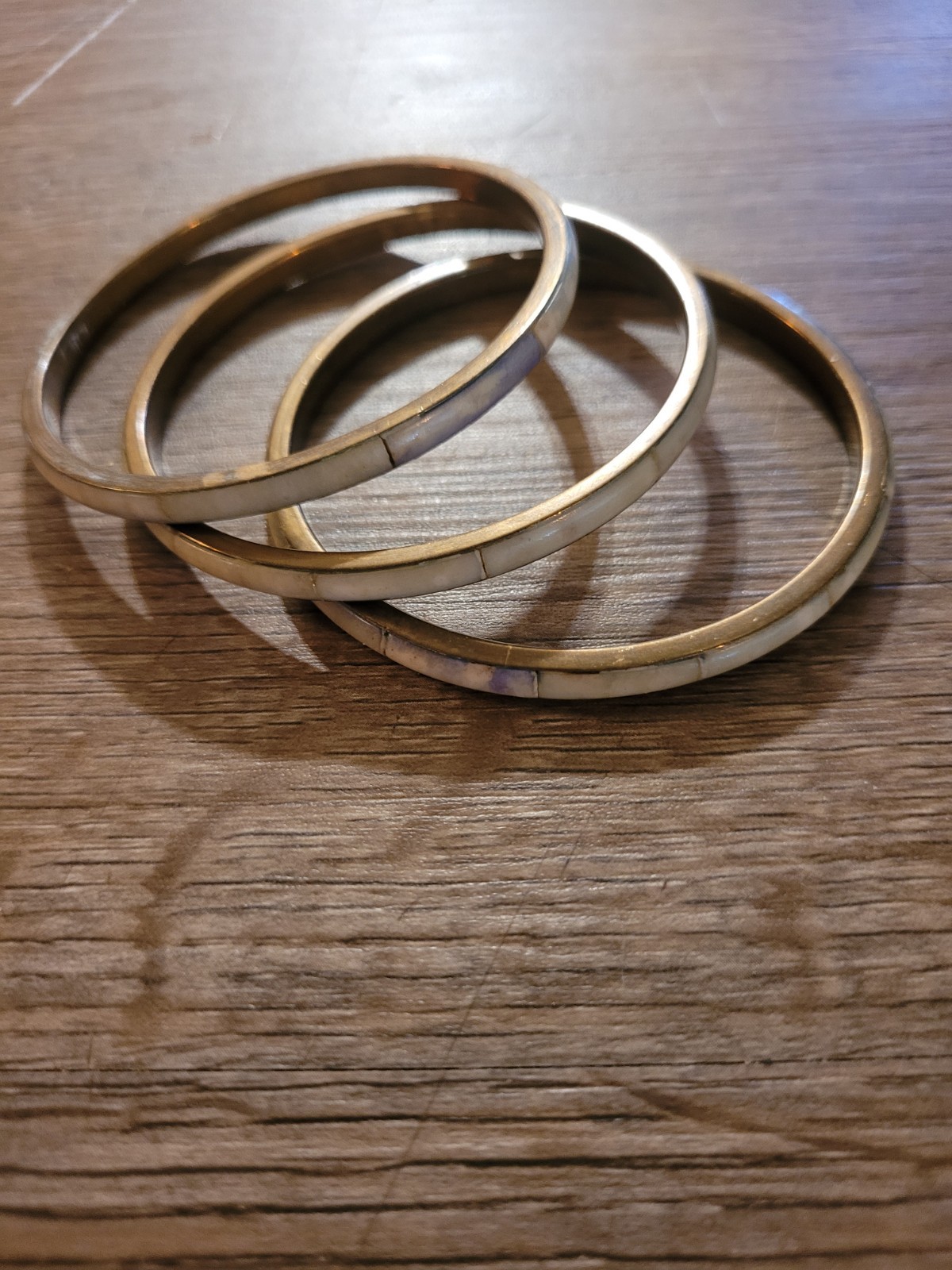 lot 3 vintage 1970s Solid Brass & Inlaid Mother of Pearl Shell Bangle Bracelets