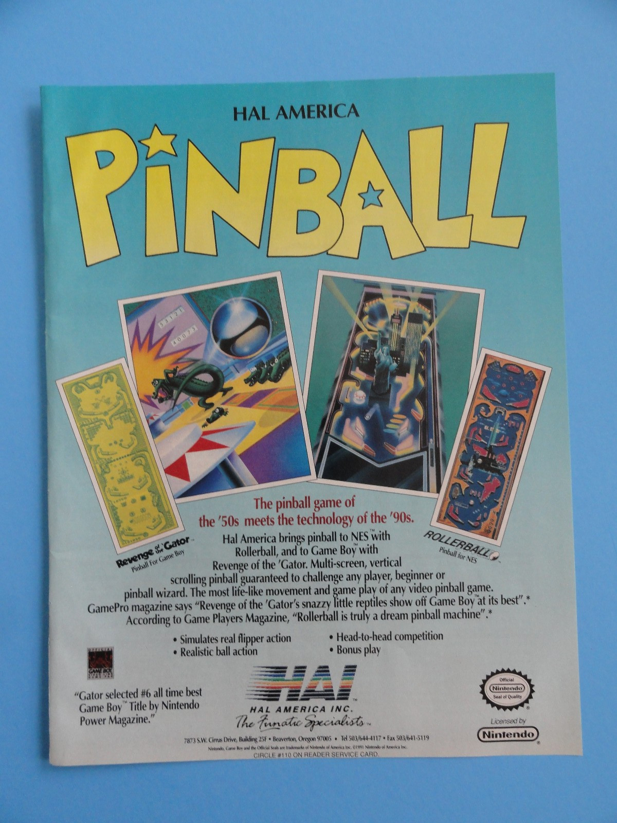 REVENGE OF THE GATOR & ROLLERBALL NINTENDO GAME BOY VTG PRINT AD 8.5"X 11" 1991