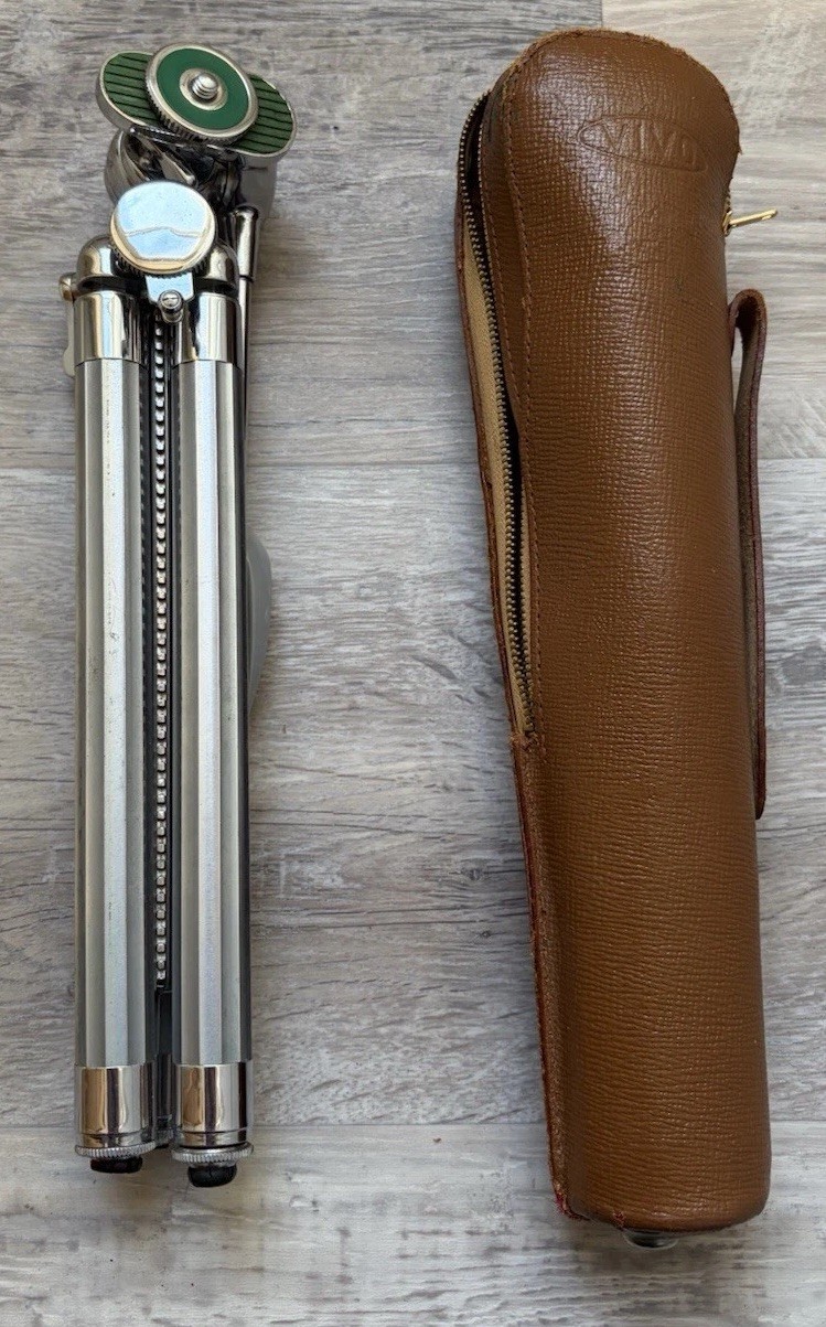 Vintage Vivo Chrome Adjustable Tripod With Leather Case Made in Japan