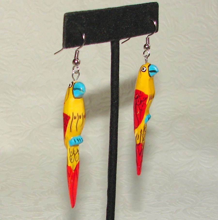 Artisan Parrot Dangle EARRINGS, Wood Folk Art Lacquer, Colorful Yellow F61
