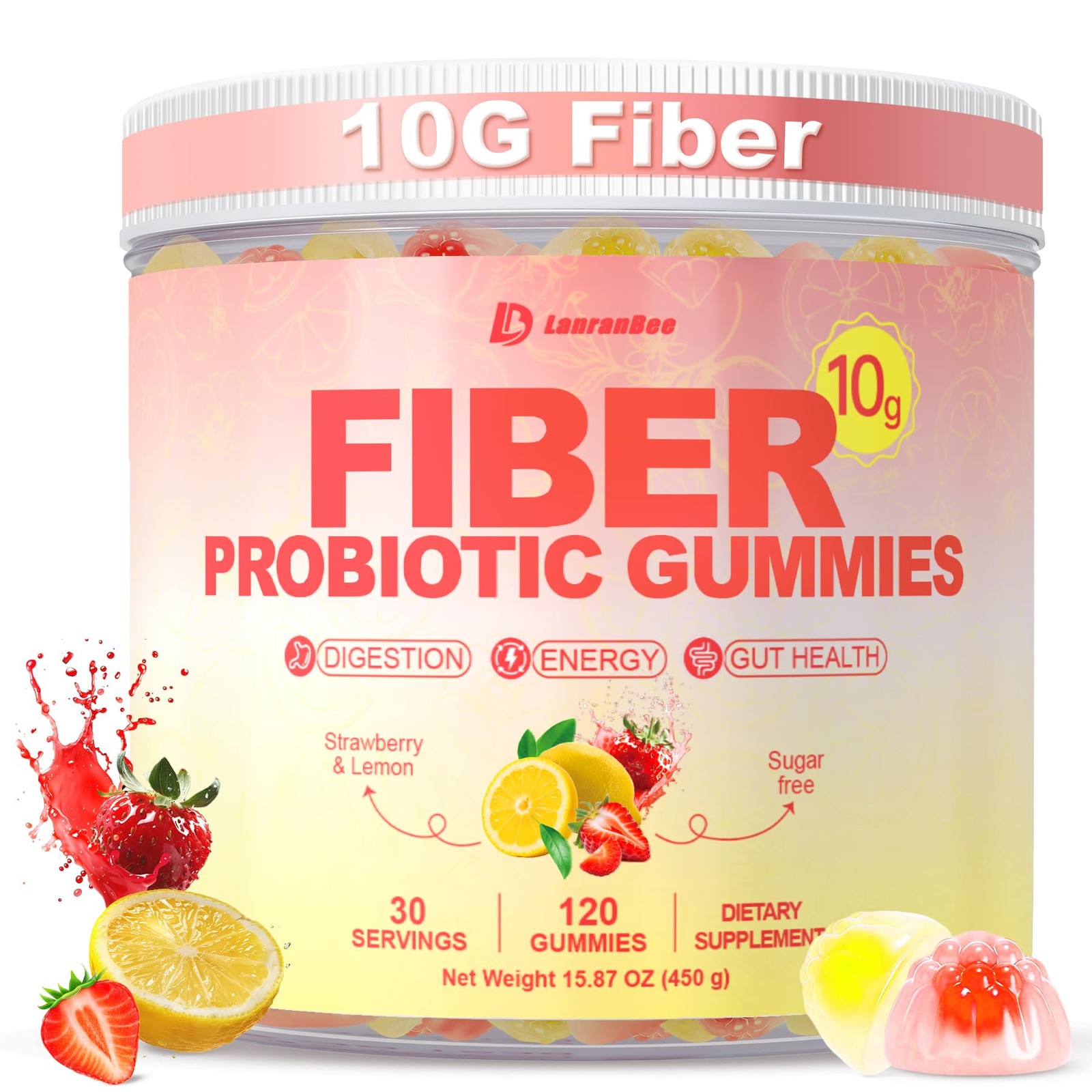 10g Fiber Gummies for Adults with 60 Billion CFU Probiotics, Sugar Free Fiber...