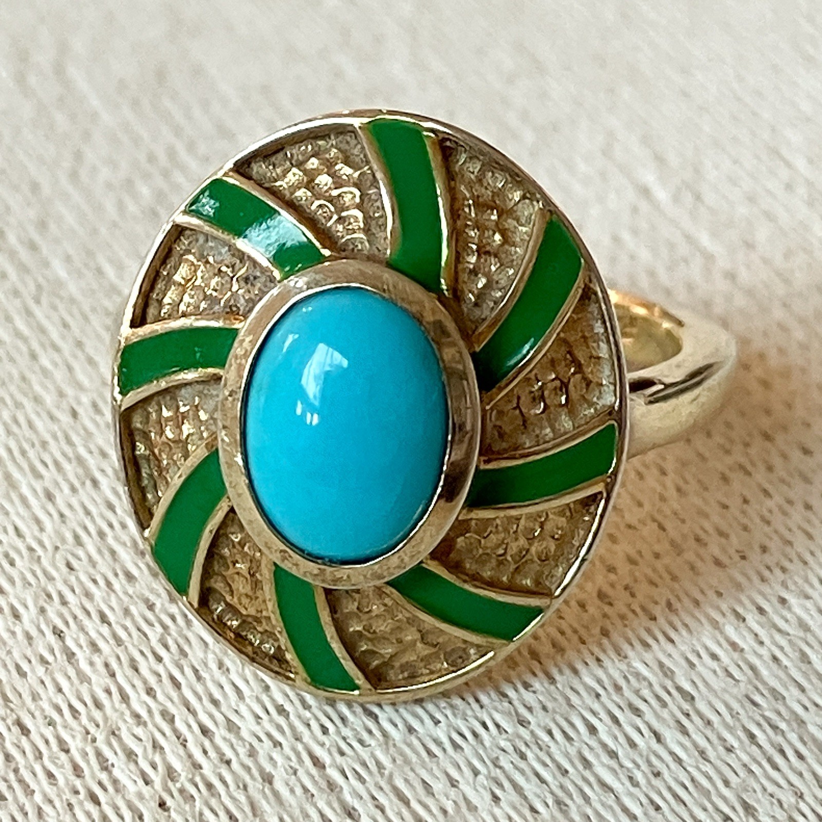 Sleeping Beauty Turquoise Enamel Ring 925 Sterling Silver Gold Plated Size J
