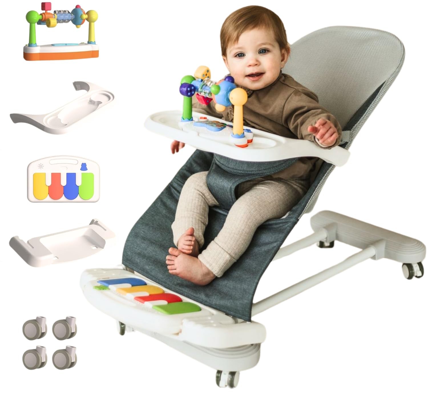 Baby Bouncer 4-in-1 Wheels Detachable Piano Feeding Tray CuddoBaby Foldable
