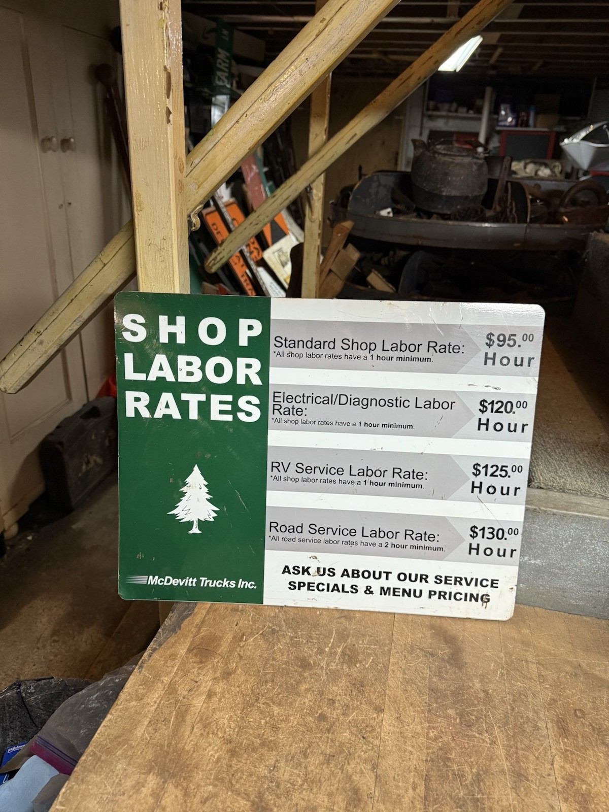 McDevitt Trucks Dealer Labor Rates Garage Gas Oil Advertising Metal Tin Sign USA