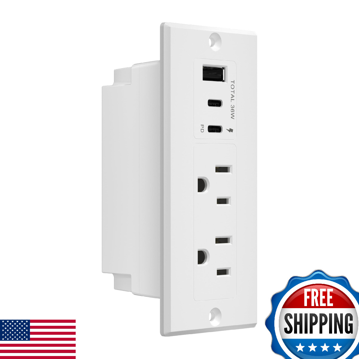 LIDER PD 36W Recessed Power Grommet w/ USB-A, USB-C Outlet Strip White