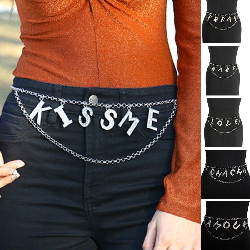 Body Chain Silver Color Waist Chain with Letter Party Night Club ShinningJewelry