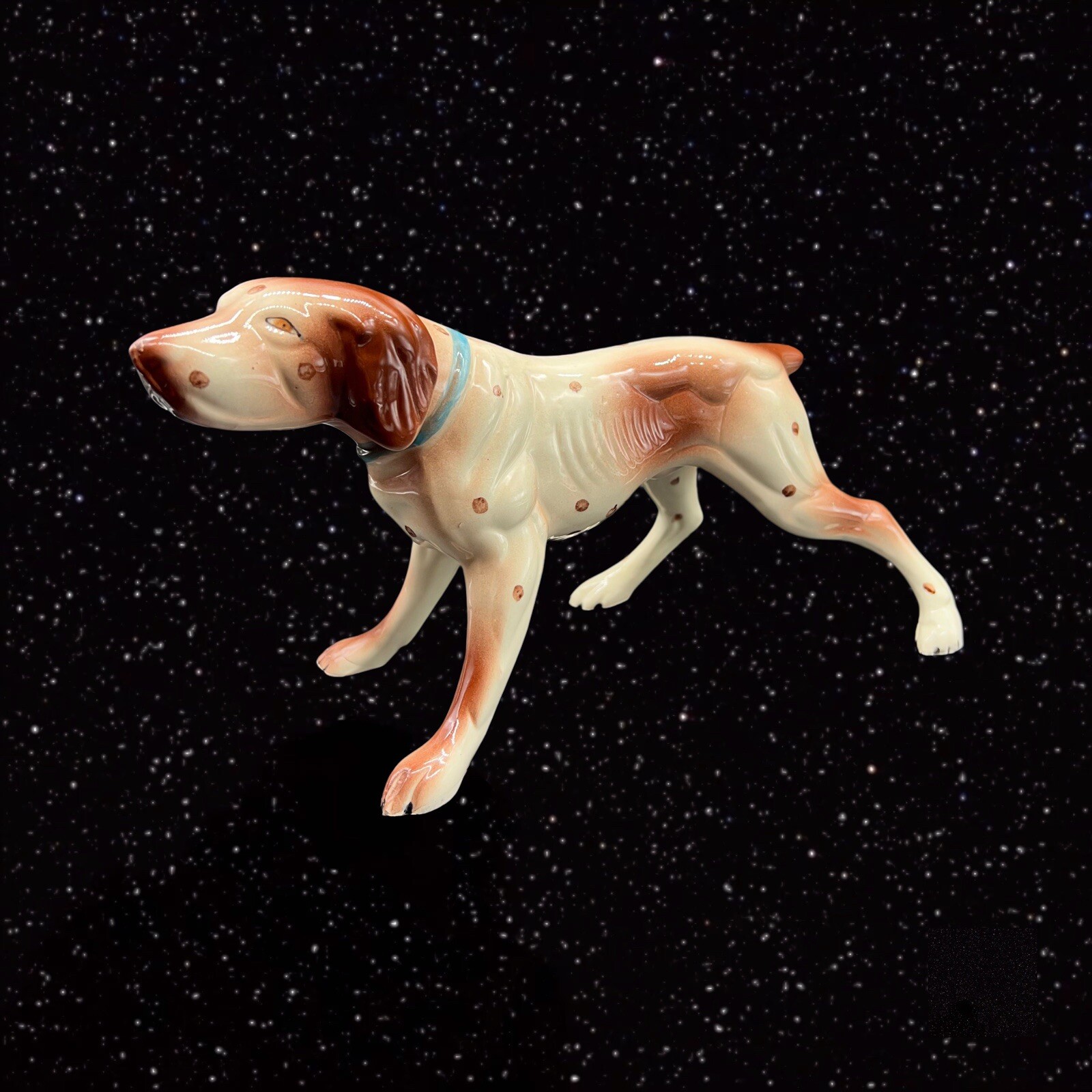 Vintage Hobbyist Art Pottery Large Dog Figurine W Blue Necklace 6”t 10”w