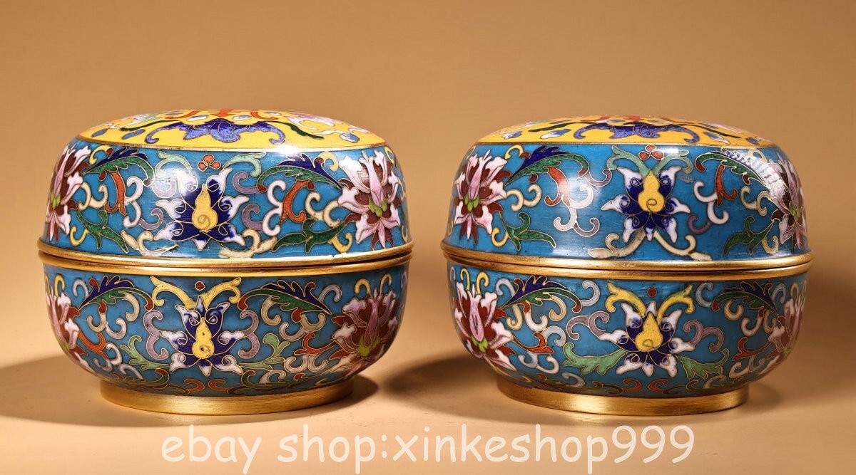 4.8" Old Chinese Copper Cloisonne Enamel color Gilt Dynasty Fruit box Pair