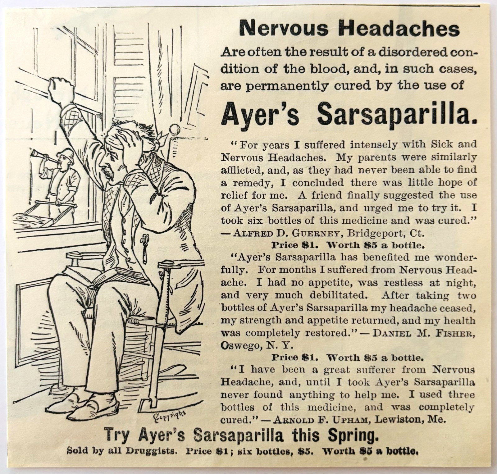 1886 Ayers Sarsaparilla Advertisement Victorian Quack Medicine Headache DWKK27F