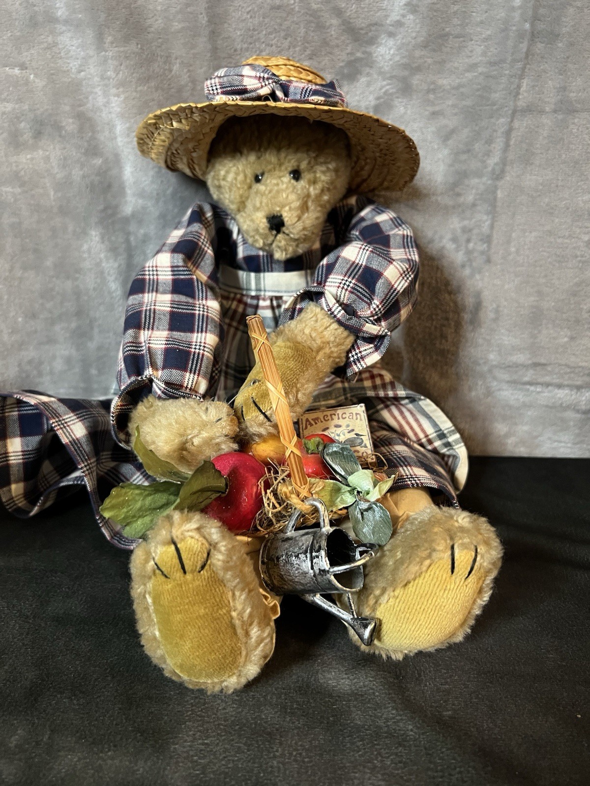 Vintage Boyds Bears Plush Gardener Bear Plaid Dress Hat Basket Fruit 18”