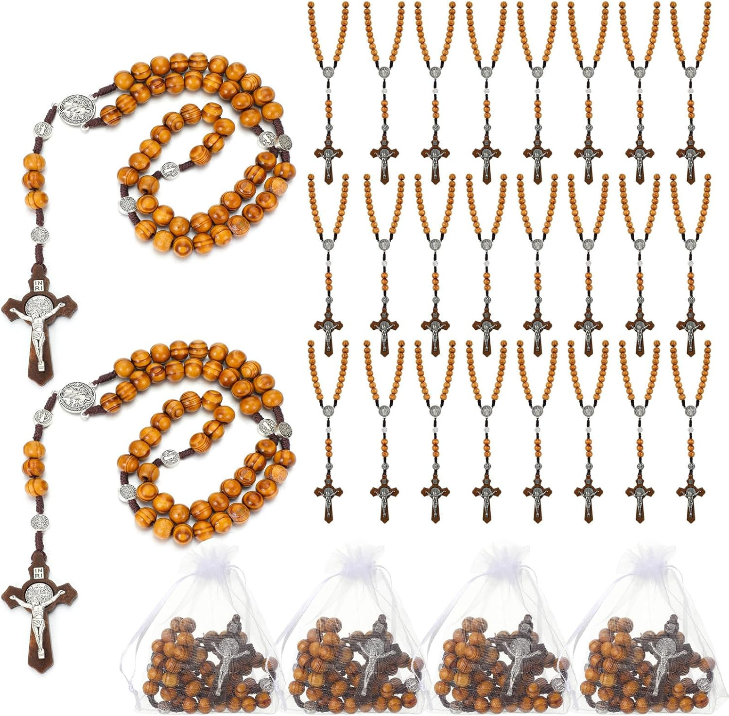 24 Set Wooden Bead Rosary Necklace Catholic Rosary Wood Carved Beads with Jesus 