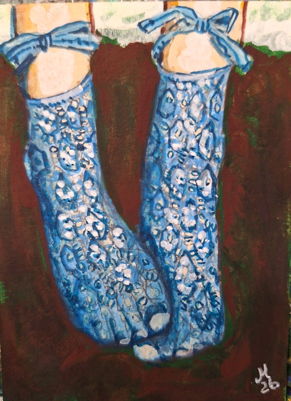 Blue Lace Socks With a Bow AECO OOAK ORIGINAL 3.5 x 2.5 inches