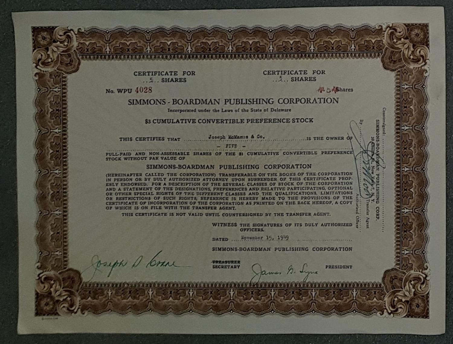 Simmons Boardman Publishing Corporation 1949 5 Shares Preference