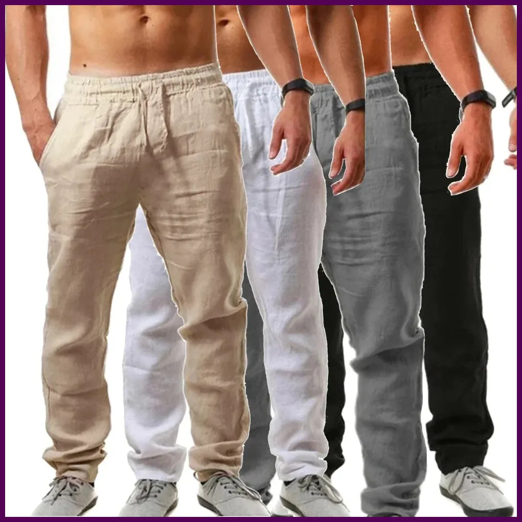 Men's Cotton Linen Pants Linen Breathable Elastic Waist Pants Breathable Casual