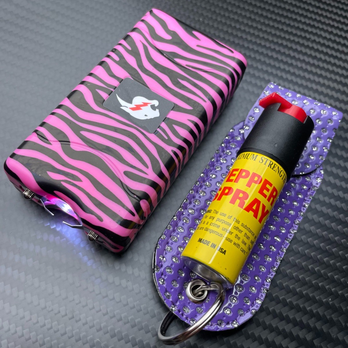 2PC Self Defense Tactical Flashlight Stun Gun w/ Pepper Spray Gift SET Purple