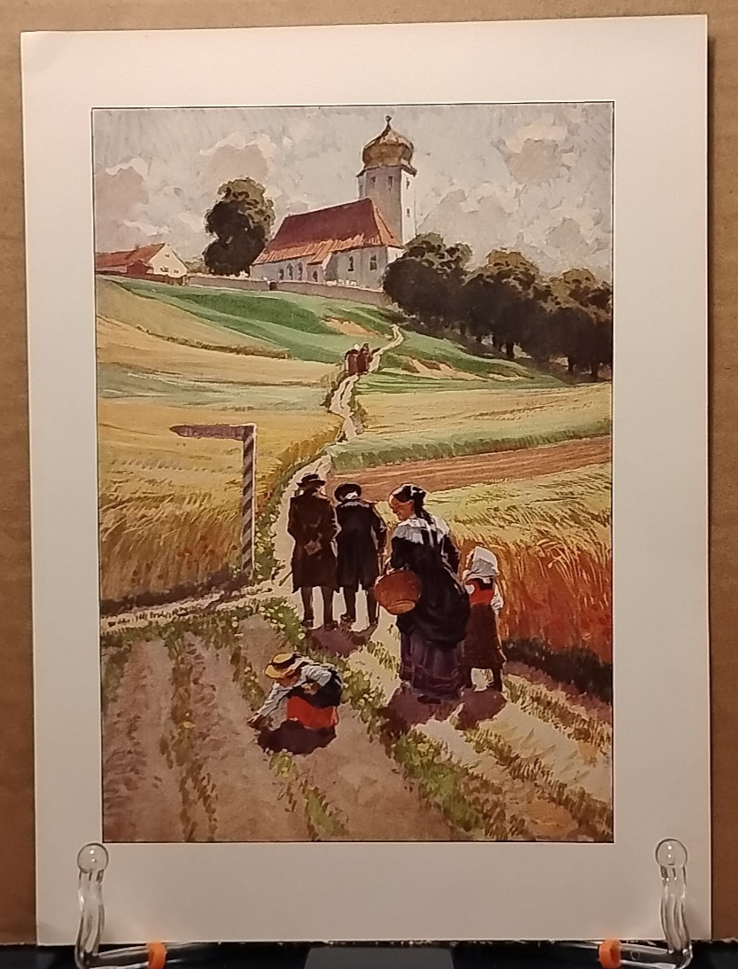 1911 - A MORNING WALK TO CHURCH - Antique German Book Print Lithograph