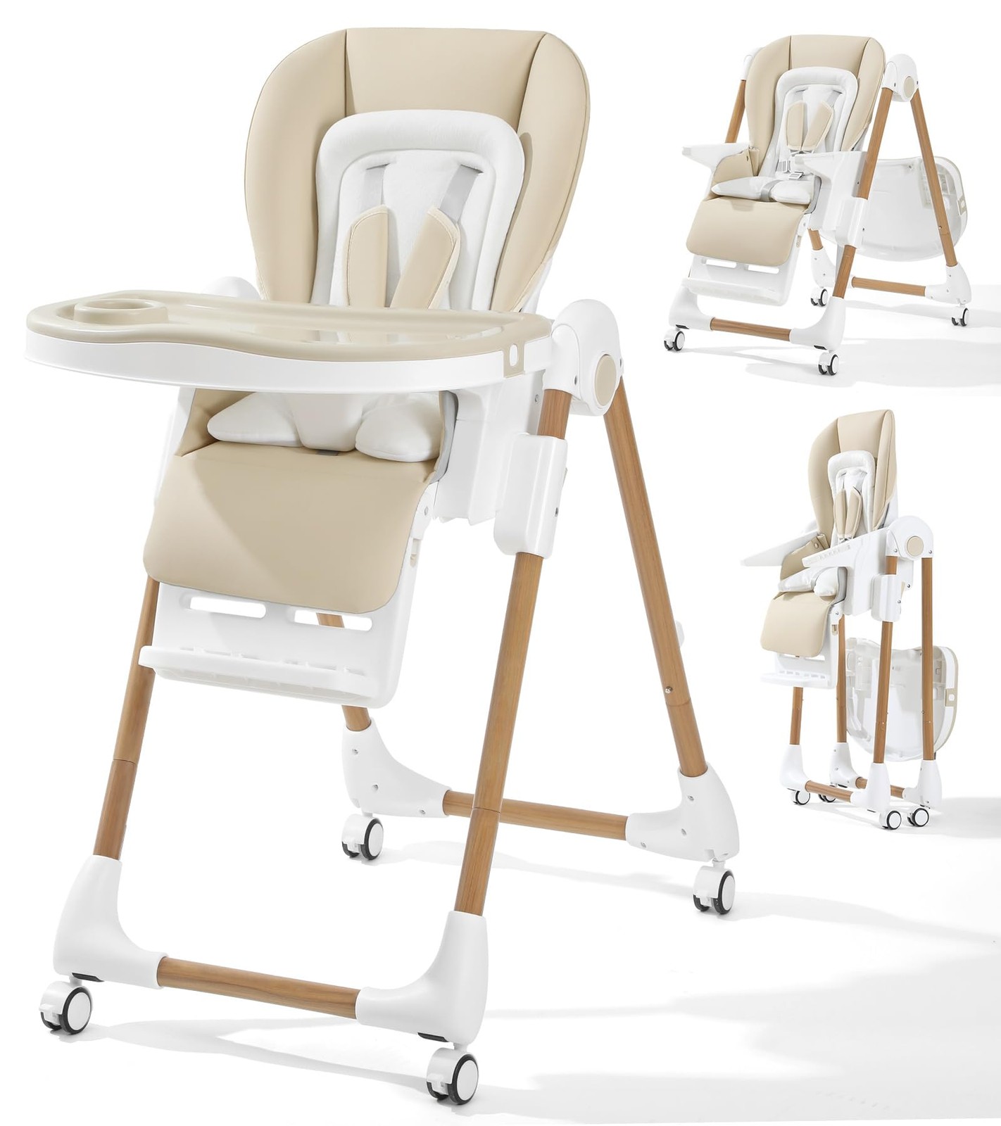 Foldable High Chair 3-in-1 Convertible Baby Toddler Adjustable Height Cream